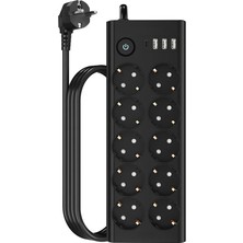 Givoria Çoklu Priz 10 Lu + 3 USB + 1 Type-C 3680W 16A Anahtarlı Akım Korumalı Uzatma Prizi (2 Metre Kabl