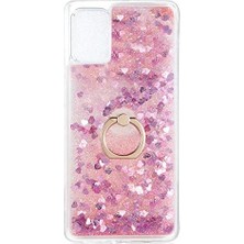MSP Samsung Galaxy A71 ile Uyumlu Kılıfı Şeffaf Silikon Sıvılı Simli Yüzük Stand Olabilen Kamera Lens Korumalı Tarz Kapak Milce Pembe