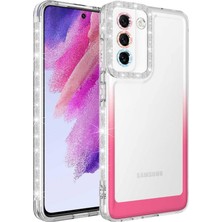 MSP Samsung Galaxy S21 Fe ile Uyumlu Silikon Şeffaf Simli Renk Geçişli Kamera Lens Korumalı Kılıf, Park Beyaz-Pembe