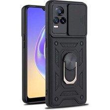 MSP Vivo V21E ile Uyumlu Kılıf Pars Sürgülü Vega Yüzüklü Sert Silikon, Siyah