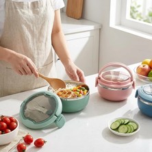 MSP 700 ml Paslanmaz Çelik Yemek Kabı, Kaşıklı, Saplı ve Kilitli Yuvarlak Lunch Box, Mavi Yeşil Pembe Renk Seçenekli, 12X11X13CM Kapaklı Saklama ve Taşıma Kabı