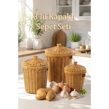 MSP PBT-439 3lü Hasır Sepet Kapaklı Bambu Sepet Seti Dekoratif Banyo Mutfak Düzenleyici Organizeri