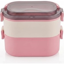 MSP 2 Katlı Taşınabilir Yemek Kabı, Lunch Box, Diyet Beslenme Kutusu, Çatal Kaşık Dahil, 11.5 x 21 x 11.5 cm (Pembe-Krem)