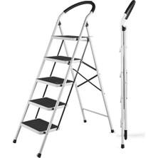 aklow akyoleticaret 5 Basamaklı Katlanır Merdiven | Kaymaz Geniş Basamaklı Ev & Mutfak Tipi | 150 kg Kapasiteli Emniyetli Beyaz