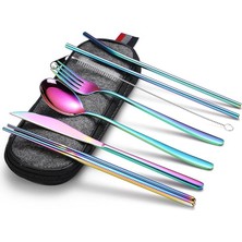 MSP 8 Parça Çantalı Yolculuk Çatal Bıçak Kaşık Pipet Chopstick Seti Kamp Okul Ofis Tatil Paslanmaz Çelik Renkli