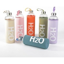 MSP Kılıflı Cam Matara 1000 Ml, H2O Baskılı 1 Litre Su Şişesi, Taşıma Askılı Vidalı Kapak, 6 Renk Seçeneği, 8 x 27 cm (Mavi)