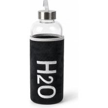 MSP Peluş Kılıflı Cam Matara 600 Ml, Siyah H2O Nakışlı Kılıf, Taşıma Askılı Metal Görünümlü Vidalı Kapak, 8 × 24 cm