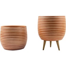 MSP Tasarımı Ev Dekorasyon Yan Çizgi Desenli Terrakota Toprak Saksı Saksılık Salon Çiçeklik Ikili Set Ayaksız - 3 Ayaklı- 15 cm