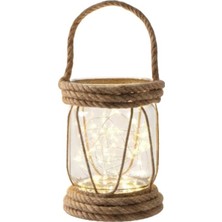 MSP Rustik Halatlı Cam Fener, Pilli LED Işıklı Dekoratif Kavanoz Lamba, Bahçe ve Balkon Aydınlatması, 20X10 cm
