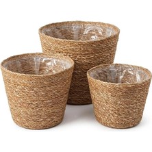 MSP 3'lü Yuvarlak Hasır Saksı Seti, Doğal Dokulu Iç Koruma Poşetli Dekoratif Saksı, Büyük 25X20 cm Orta 22X18 cm Küçük 20X16 Cm, Balkon Salon Ofis Bitki Saksısı