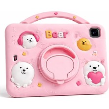 MSP Lenovo Tab M10 ile Uyumlu TB-X306F Kılıf 360 Derece Döner Stand Yatay Dikey Kullanılabilir, Kawaii Askılı Tasarım Kalem Yuvası Özellikli Sevimli Pink-Bear Tasarımı