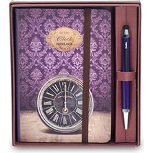 aklow akyoleticaret A6 Çizgili Not Defteri ve Tükenmez Kalem Seti, Dikey Sert Kapaklı, Lastikli Retro Clock