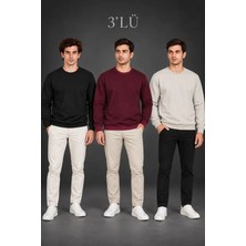 Sidelya Concept Erkek 3lü Bisiklet Yaka Içi Şardonlu 2 Iplik Düz Uzun Kollu Regular Fit Sweatshirt - Siyah - Bordo - Gri