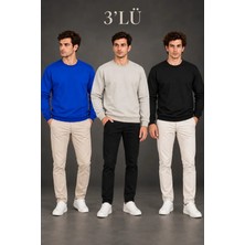 Moda Loris Erkek 3lü Bisiklet Yaka Içi Şardonlu 2 Iplik Düz Uzun Kollu Regular Fit Sweatshirt -Mavi - Gri - Siyah