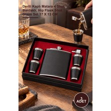 Yenilig 3 Adet Matara Seti – Derili Kaplı Matara 4 Shot Bardaklı, Hip Flask Shot Glass Set 17 x 13 cm