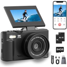 Trendexa 5k Dijital Fotoğraf Makinesi, 75 Mp Wifi Dijital Dslr Fotoğraf Makinesi 180° Katlanabilir 3" LCD Ekran, Otomatik Zoom, 64 GB Kart, 2 Pil, Kompakt Seyahat Vlogging Kamerası