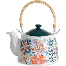 Trendexa Porselen Çini Piraye Demlik - Bambu/hasır Saplı, Ateşe Dayanıklı Nostaljik Bitki Çayı ve Çay Demliği (900 ml - 2 Farklı Desen Seçeneği) (Sprıng)