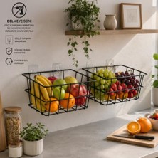 Trendexa 21X21 cm Yapışkanlı Duvar Sepeti 2'li Set - Çok Amaçlı Delmesiz Mutfak ve Banyo Organizer Tel Sepet Avantaj Paketi (Siyah)