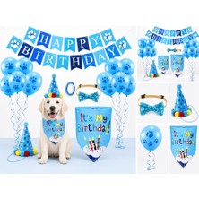 Trendexa Kedi ve Köpekler Için Evcil Hayvan Doğum Günü Parti Seti, Happy Birthday Süsleme, Pati Desenli Balonlar, Parti Şapkası, Papyonlu Tasma ve Fular (Mavi)
