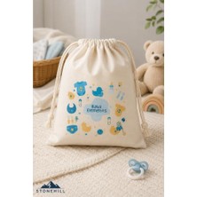 Trendexa Baby Elements Baskılı Ham Bez Büzgülü Bebek Torbası 30X40 cm 2'li Set - Çok Amaçlı Bebek Eşyası Saklama ve Organizer Çantası (Mavi)