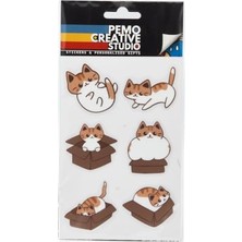 Trendexa Pemo Dolap Üstü Kedi Uv Dtf Sticker ve Etiket Seti, 6 Parça, Kabartmalı 3D ve Suya Dayanıklı, Laptop Termos Defter Için