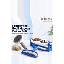 Galeriyo Tiftik Tarak Mavi Tüy Toplayıcı Otomatik Temizlenen Tuşlu Evcil Hayvan Fırçası Gri ve Çift Krom Hazneli Mama Kabı Mavi Üçlü Set