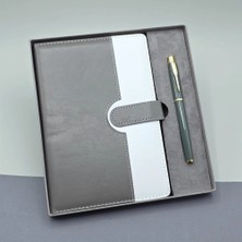 Alvenda Home Gri Kutulu Deri Defter Roller Kalem Set