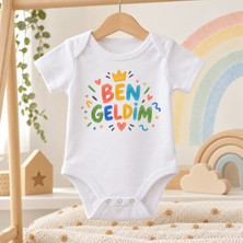 Igıgı Collection Ben Geldim Baskılı %100 Pamuk Beyaz Unisex Bebek Zıbın
