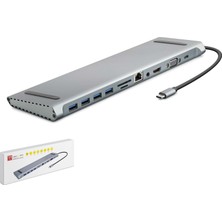 Hadron HDX7854 Type-C 3.0 Combo Hub Pd HDMI 4K VGA Lan Aux Kart Okuyucu 11 Port 5 Gbps Gri
