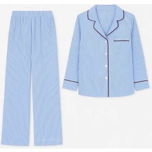 I Love Home Glass No:5 Açık Mavi Çizgili Pijama Takım