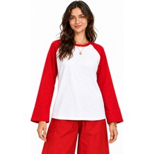 Kadın Kırmızı Beyaz Renk Bloklu Raglan Uzun Kol Pamuk T-Shirt E26-NM2670