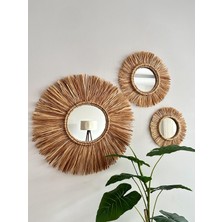 Korfam Home Design Kahverengi El Yapımı Dekoratif Bohem Ahşap Boncuklu Gerçek Aynalı 3'lü Doğal Rafya Duvar Süsü