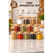 Nokka 12 Adet Bambu Kapaklı Borosilikat Baharatlık, Saklama Kabı, Çerezlik 200 Ml