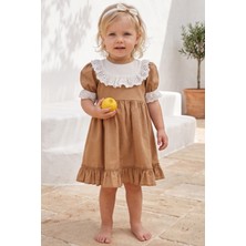 Parla Kids Kız Bebek Ruby Kahverengi Fırfırlı Dantel Detaylı Kısa Kollu Elbise Bandana Takım