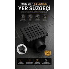 Ralken 10X10 cm Siyah Yer Süzgeci Kare – 50'lik 360° Dönebilen Yandan Çıkışlı – Banyo, Balkon, Teras, Duş Su Gideri Mat Siyah Yer Sifonu Paslanmaz