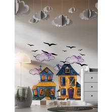 S Digital Halloween Ev Temalı Sticker Seti - Çocuk Odası Duvar Süsü - Bulut Kuş Figürlü Dekor