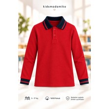 Kidsmadamiko Uzun Kollu Polo Yaka %100 Pamuk Pike Okul Tişörtü Kırmızı Lacivert 5-17 Yaş