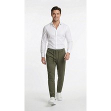 TKT Erkek Haki Renk Kaliteli Esnek Likralı Bilek Boy Jogger Dokuma Pantolon Arka Cepli