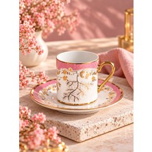 Decoform 6’lı Porselen Kahve Fincan Takımı Gold Detaylı, Pembe Çiçek ve Dallı Desenli Lüx Fincan