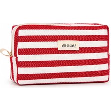 Store Keep It Simple Kırmızı Beyaz Çizgili Kanvas Makyaj Çantası - Şık Kozmetik Çantası, Seyahat Düzenleyici ve Çok Amaçlı Organizer Kese