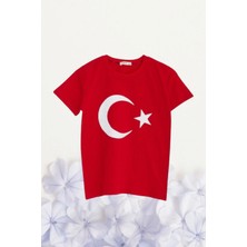 Nacar New Stylish Kız Erkek Çocuk 23 Nisan Bayrak Baskılı Kısa Kol Tshirt Yetişkin Unisex Kırmızı Tshirt R24