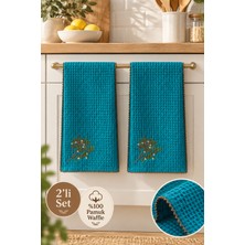 2’li %100 Pamuk Waffle Pike Nakışlı Mutfak Havlusu 30X50 cm Turkuaz El Kurulama Bezi - Turkuaz