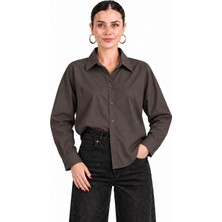 Kadın Koyu Kahve Oversize %100 Cotton Premium Poplin Gömlek E26-CON1724
