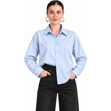 Kadın Mavi Oversize %100 Cotton Premium Poplin Gömlek E26-CON1724