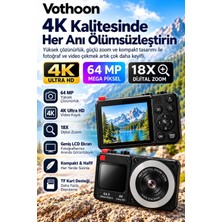 MidasTech 4K Dijital Fotoğraf Makinesi 18X Dijital Zoom 64 Mp Ön ve Arka Ekranlı Kompakt Kamera Siyah Midas
