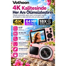 MidasTech 4K Dijital Fotoğraf Makinesi 18X Dijital Zoom 64 Mp Ön ve Arka Ekranlı Kompakt Kamera Pembe Midas