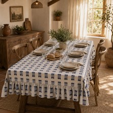 Shules Collection Buldan Keteni Püsküllü Fırfırlı Bohem Masa Örtüsü – Naturel-Lacivert