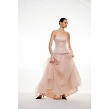 Cercis CERCİS Kadın Straplez İşlemeli Peplum Üst Tül Etek Uzun Abiye Elbise M26CR001369