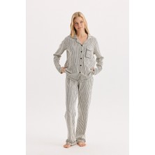 Etoile %100 Pamuk Kumaş Uzun Kol Önden Düğmeli Gömlek Yaka Pijama Takımı 27301