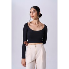 Naar Kadın Slim Fit Geniş U Yaka Örme Uzun Kollu Crop Body Üst